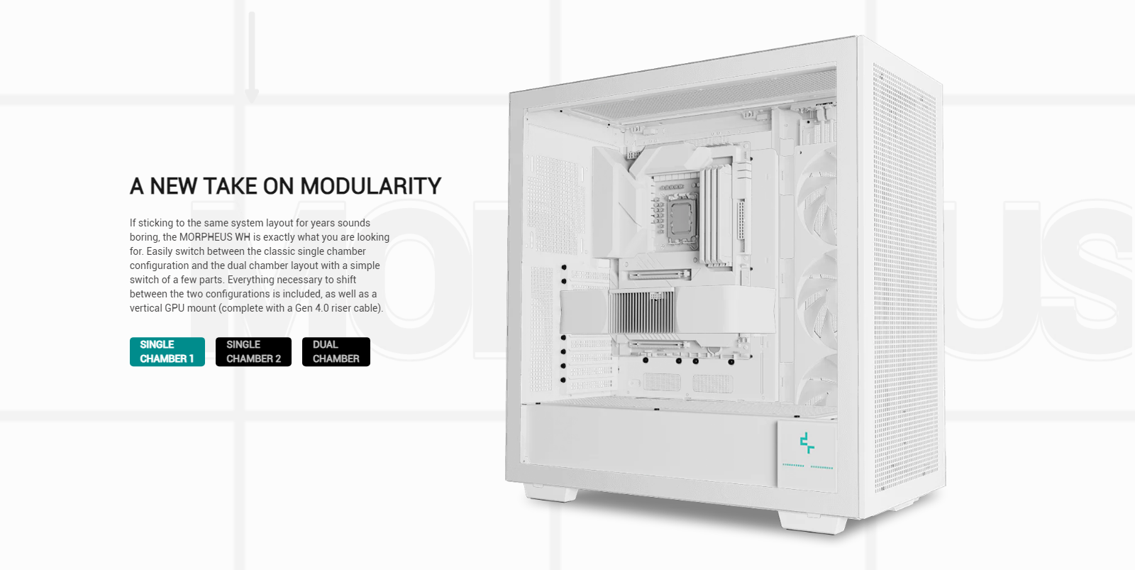 A large marketing image providing additional information about the product DeepCool Morpheus Mid Tower Case - White - Additional alt info not provided